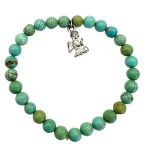 Howlite Turquoise Beaded Stretch Bracelet Sterling Silver Angel Charm Pendant